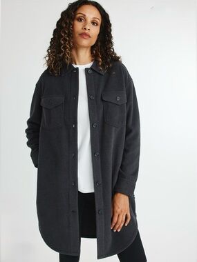 Kit & Ace Hygge Fleece Long Shirt Jacket Shacket Heather Plasma XS Charcoal Grey